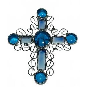 Decorative Blue Stained Glass Cross Wall Hanging Metal Design
